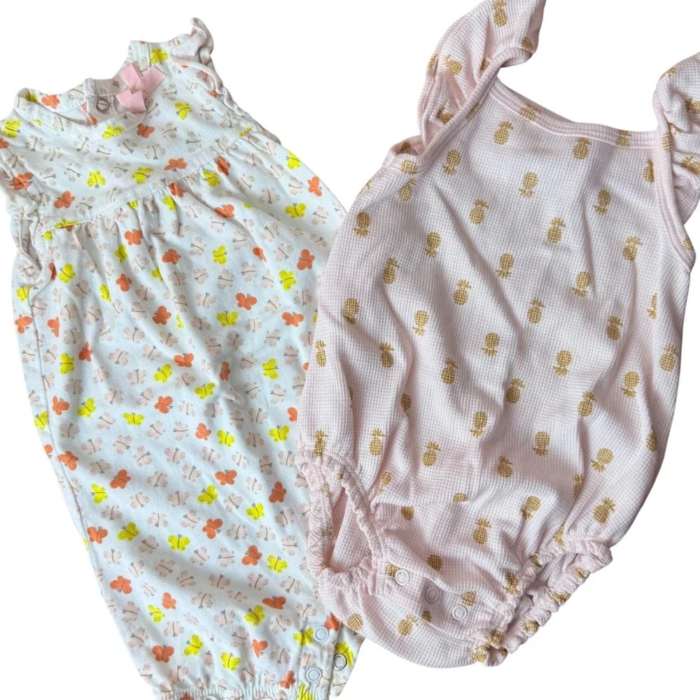 Carters Just One You Baby Girls Romper Lot 2pc 9M Pineapple Butterfly Pink White